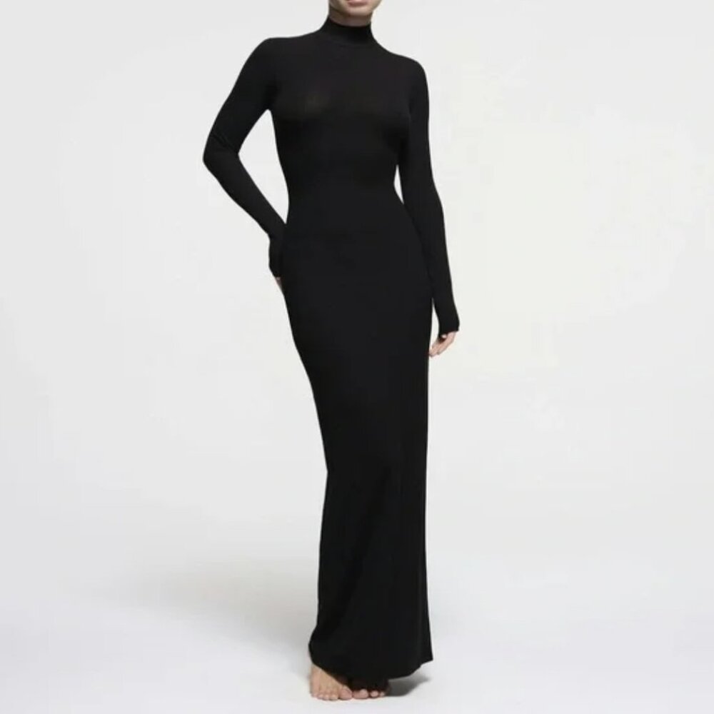 SKIMS Soft Lounge Ribbed Long Sleeve Dress | Size Medium | Onyx (Black)